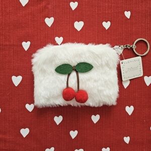 Furry White Cherry Keychain Mini Pouch